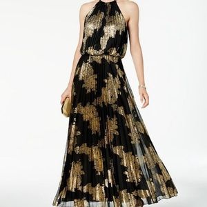 MSK black and gold chain halter maxi dress